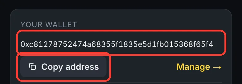 The Account page: your wallet address and the Copy address button