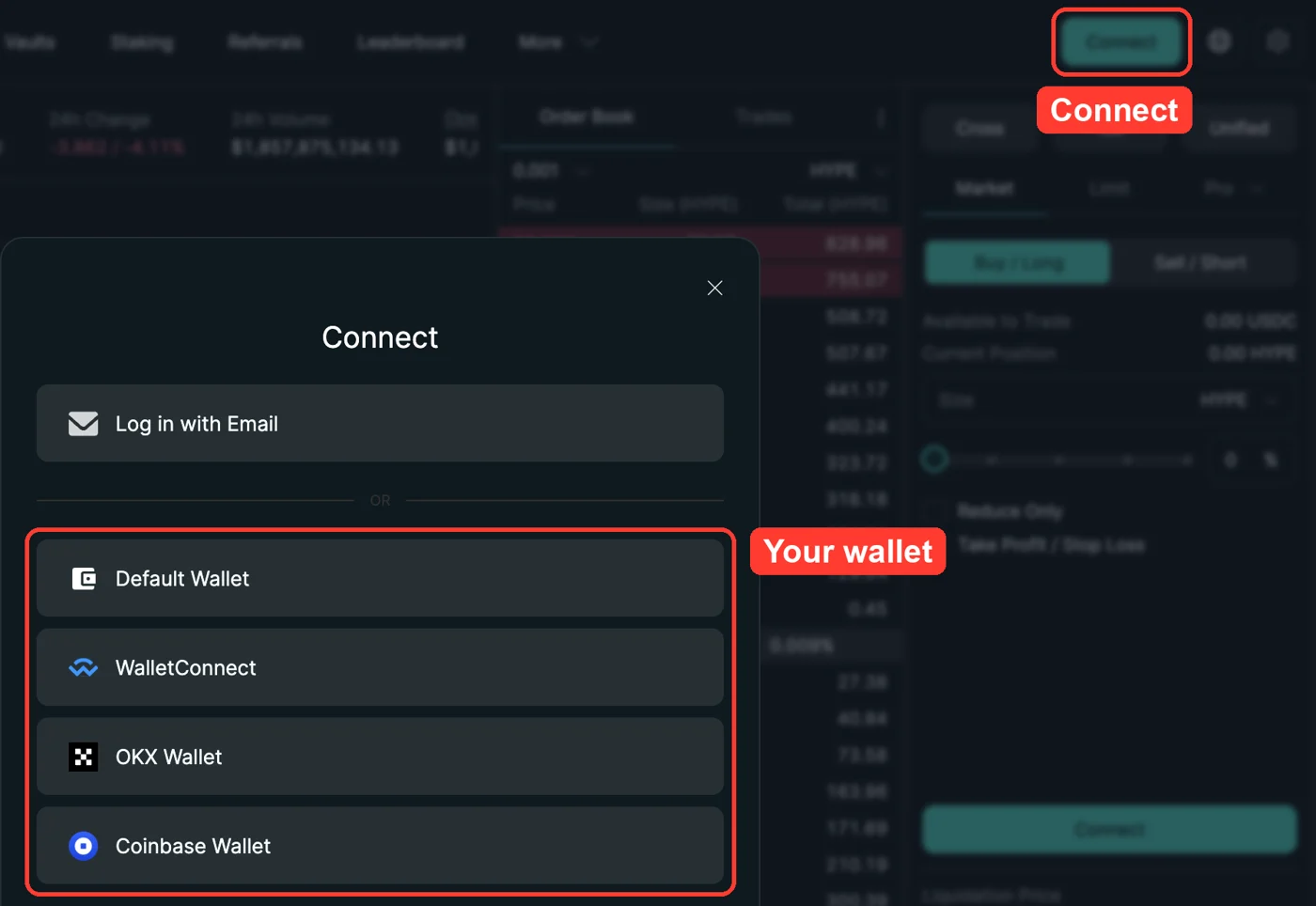 Hyperliquid: tap Connect, then pick your wallet