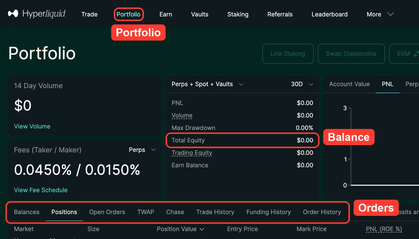 Hyperliquid Portfolio: your balance and the tabs with your orders